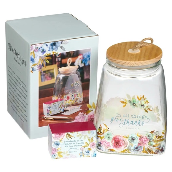 Give Thanks Pink Ranunculus Glass Gratitude Jar with Cards - Picture 2 of 4